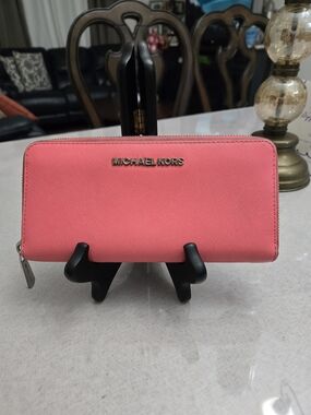 Michael Kors Coral Zip-Around Wallet with Gold Logo